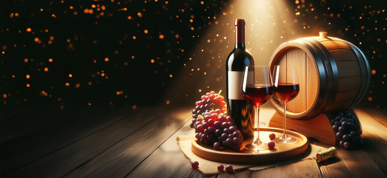 edle Gläser Rotwein und Flasche vor Weinfass mit Weintrauben und grünem Wein Blatt auf leerer Fläche als Banner Vorlage vor dunklem Hintergrund mit glitzern und Scheinwerfer Licht strahlend