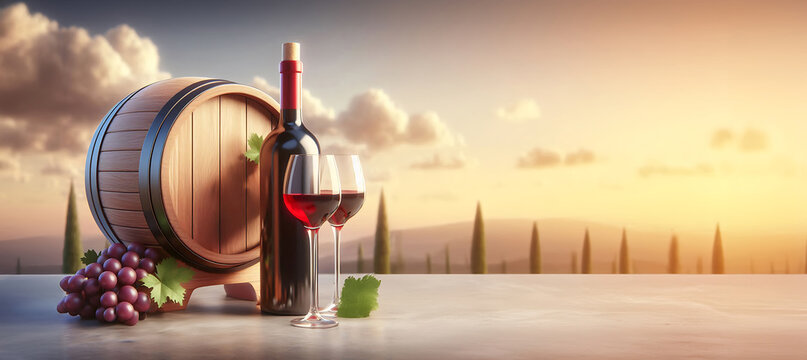 Gläser Rotwein und Flasche vor Weinfass mit Weintrauben und grünem Wein Blatt auf leerer Fläche als Banner Vorlage vor mediterraner Landschaft im warmen Abendlicht 