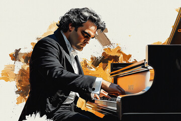 Vintage collage portrait of Beethoven at his piano, deeply focused as he composes one of his symphonies