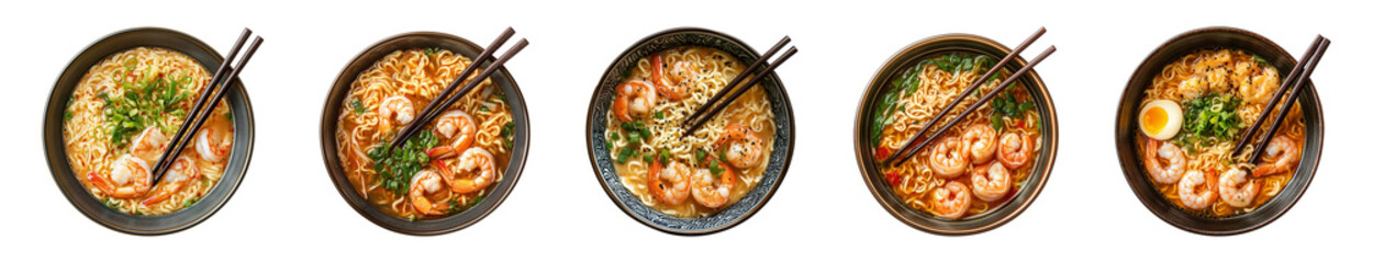 shrimp ramen soup in a bowl with chopsticks isolated on a transparent or white background, cut-out, top view, PNG