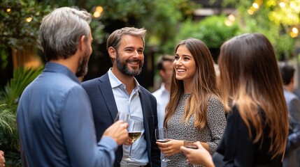 group of business professionals at an outdoor networking event, featuring discussions, team communication, and collaboration in a relaxed and social business atmosphere