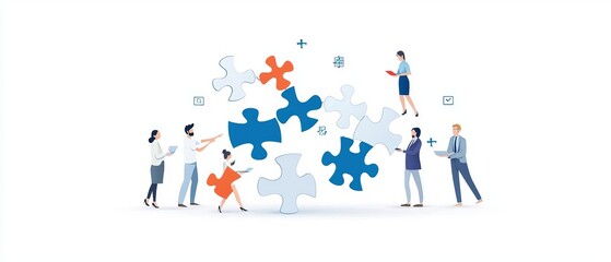 A group of colleagues assembling puzzle pieces together, representing collaborative efforts and shared mindsets in achieving complex objectives
