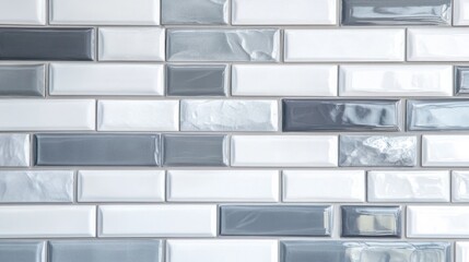 A stack of glossy subway tiles in shades of white and grey, arranged neatly for a contemporary look
