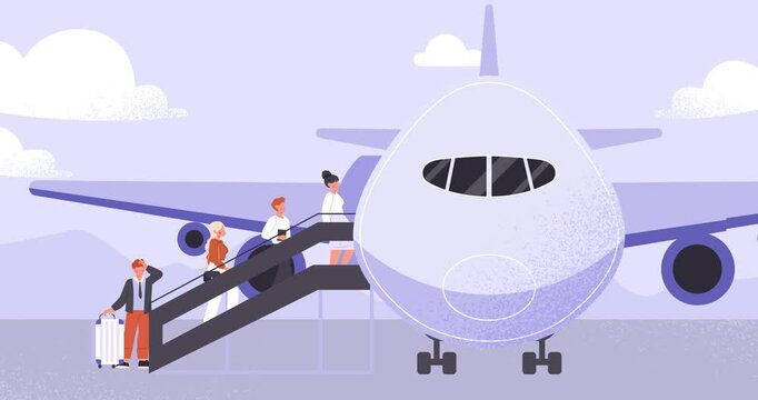 People boarding plane. Moving banner with passengers with luggage boarding plane and preparing for takeoff. Characters enter aircraft for flight. Travel and tourism. Cartoon flat animated graphics