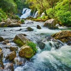 Fototapeta premium Rushing River with Cascading Waterfalls Surrounded by Lush Green Vegetation