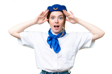 Airplane stewardess over isolated chroma key background with surprise expression