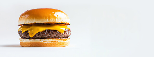 A delicious beef burger, hamburger or cheeseburger with cheese and no lettuce, against an isolated white background. Room for text, copy space, suitable for a header, banner or fast food menu. 