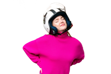Young pretty woman with a motorcycle helmet over isolated chroma key background suffering from backache for having made an effort