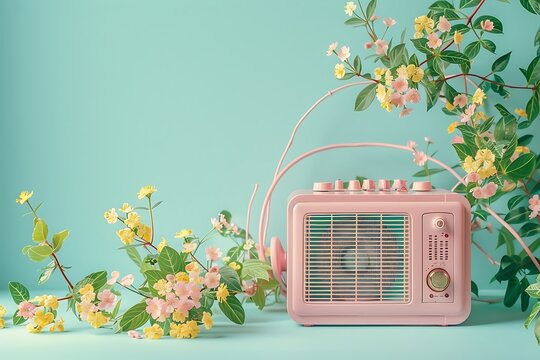 Retro radio with flowers and leaves on blue background. Flat lay.