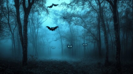 Eerie Fog, Glowing Eyes: A Haunting Forest Scene