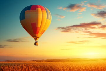 Obraz premium Vibrant Hot Air Balloon Soaring Over Golden Wheat Field at Sunset