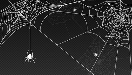 Spooky halloween or horror night banner background with spider and torn spiderweb silhouette pattern. Creepy halloween background with cobweb. Scary evil, ghost or zombie night party dark banner frame