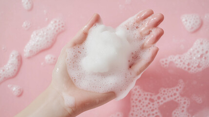Obraz premium A well-lathering lather is on the palm of the hand. Close-up shot. The pink background accentuates the feminine beauty.