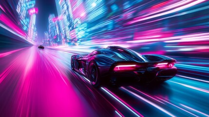 Fototapeta premium Neon City Speed: Futuristic Car Race with Glowing Trails 1