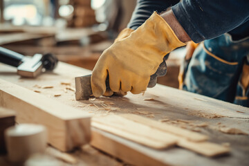Closeup of Carpenters Hand Using a Wood Chisel