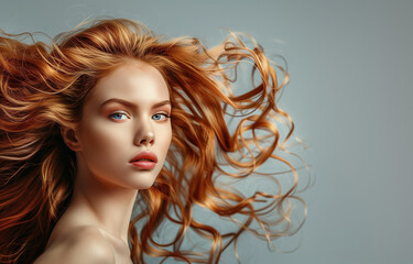 Fototapeta premium Nice young adult woman with beautiful natural long wavy red hair. Fashion make-up, clear fresh skin and curly hairstyle. Cosmetic, styling, shampoo, glance and hairdresser concept