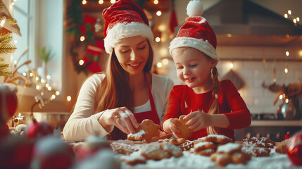Little child girl in Santa hat making Christmas gingerbread cookies with her mother