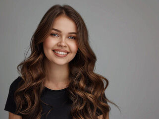 Fototapeta premium Smiling fashion woman with elegance makeup, long shiny curly hairstyle and healthy skin against gray studio wall background