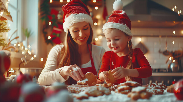 Little child girl in Santa hat making Christmas gingerbread cookies with her mother