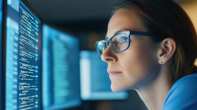 Focused female software developer wearing glasses working on computer code in a technology environment with multiple screens.