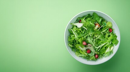 Fresh green salad in a white bowl with cherry tomatoes on a light green background. Healthy eating and vegan diet concept. - Powered by Adobe