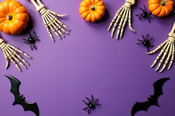 Fototapeta premium A creative Halloween flat lay with a mix of small pumpkins, skeleton hands, spiders, and bats on a striking backdrop