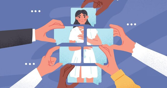 Dependence on public opinion. Moving banner with an insecure woman with low self esteem and lack of confidence. Hands of society collect girl from pieces. Cartoon flat animated graphics
