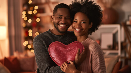 Portrait of happy african american couple with heart shape in hands at home