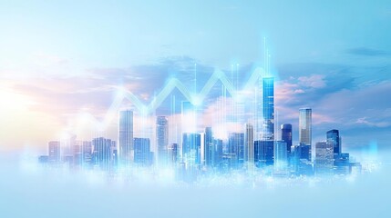 Fototapeta premium A cityscape with skyscrapers forming an upward graph, illustrating economic progress and the culmination of collective ambitions and skills