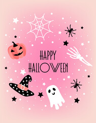 Illustration of halloween on a pink background.