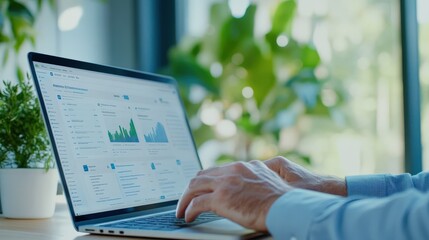 Person working on business analytics on a laptop. Office setting with charts and graphs displayed on screen. Modern workspace environment.