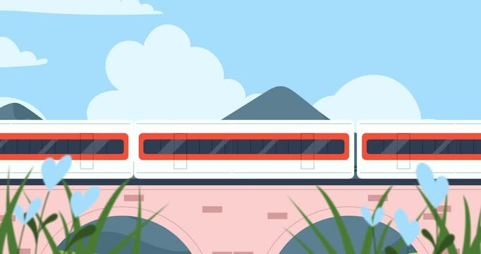 Time to travel. Banner with looped train movement on railroad or railway. Beautiful natural landscape with mountains and rails on railway bridge. Tourism and journey. Cartoon flat animated graphics