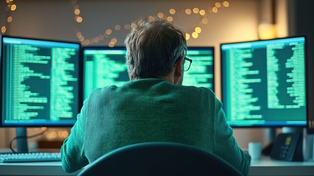 Programmer working on multiple monitors coding software in a dimly lit room. Intense focus on code and technology.