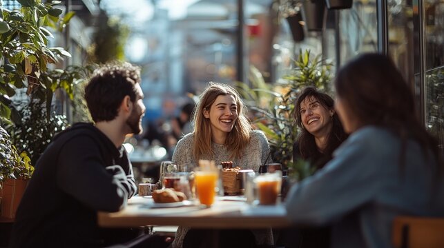 vibrant scene of friends brunching at a coffee bar terrace, showcasing the enjoyment of casual outdoor dining and socializing in a cheerful and inviting cafe environment