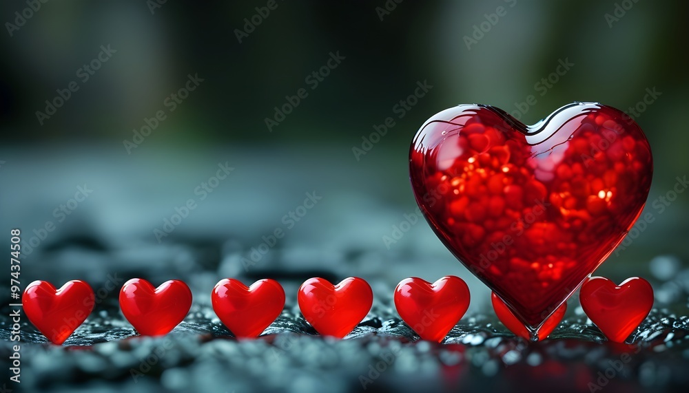 Wall mural radiant red glass heart contrasting with smaller hearts on a glistening dark surface