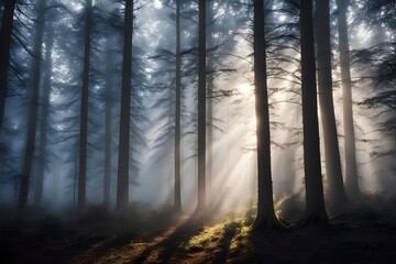 Obraz premium Shiny beams of light cutting through the fog in a mystical dark forest at dawn, Ai Generated