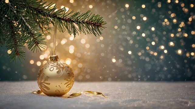 red, silver and gold christmas tree decorations with christmas tree branches on simple background
