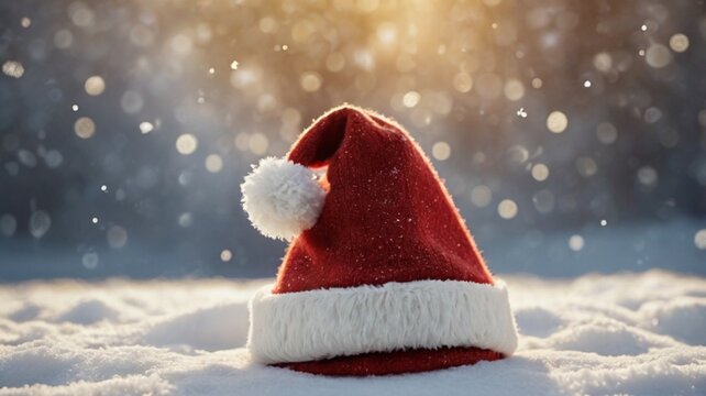 a classic red and white Santa hat placed on a festive snowy background