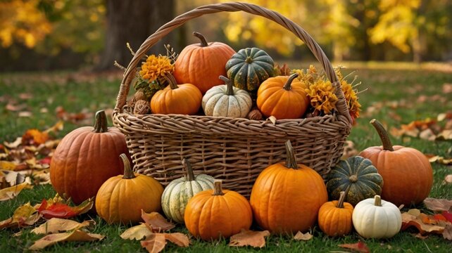 an image of a wicker basket overflowing with fresh fall harvest items like pumpkins, apples, corn, and squash.