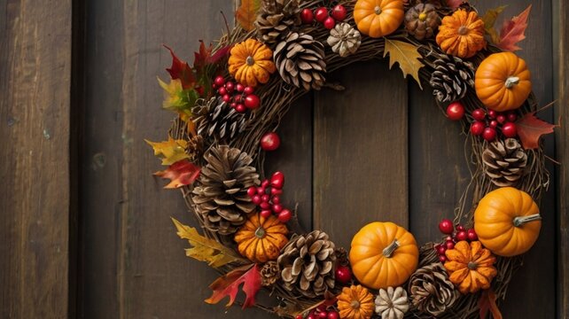 an image of a rustic, autumnal wreath hanging on a wooden door, decorated with fall leaves, berries, pinecones, and small pumpkins