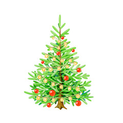 Christmas tree decorated with red balls and garlands in traditional colors painted illustration. Hand drawn vintage style fir tree with festive bright decoration. Winter holidays decor element