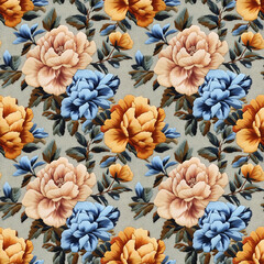 Fototapeta premium Illustration of nature flower. Seamless patterns in stumpwork embroidery style of floral.[B-0153]