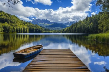 A tranquil lake scene with a wooden pier and a small boat. Lush green trees surround the water. A serene escape into nature awaits. Generative AI