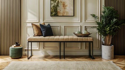 Bench with pillows and marble console table against beige paneling wall with frame. Minimalist interior design of modern home entryway, hall.
