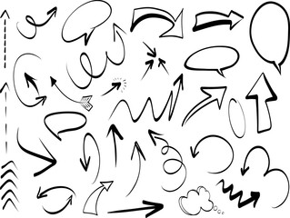 Collection of black pen drawn lines, underlines, scribbles and arrows, speech bubbles. Collection of arrow icons. Hand drawn arrows vector icons in doodle style.