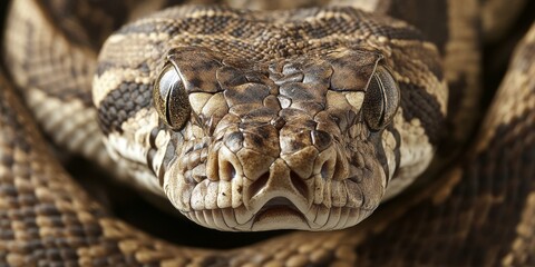 Obraz premium Macro shot of a boa constrictor’s scales and fierce eyes in sharp focus, emphasizing its reptilian beauty