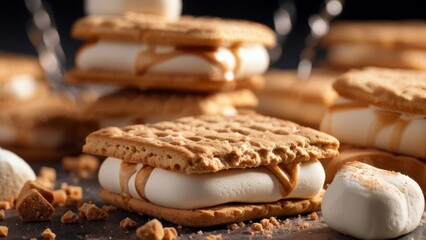 National S'mores Light Dessert Day. The dessert is a baked marshmallow with a layer of chocolate bars sandwiched between two pieces of Graham cracker.