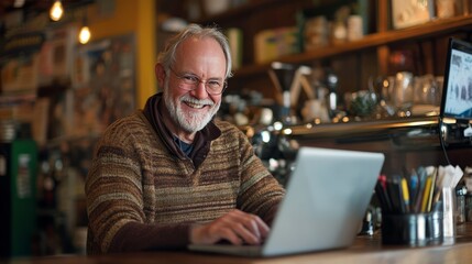 Obraz premium A man is sitting at a table with a laptop in front of him