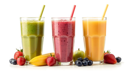 Colorful fruit smoothies in glasses with fresh fruits on white background