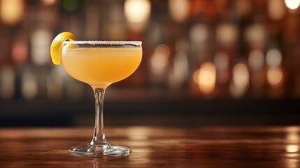 sophisticated sidecar cocktail in a coupe glass with sugared rim and lemon twist, against a stylish bar backdrop, highlighting the classic and elegant aspects of refined mixology